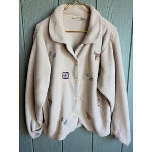 Vintage NorthCrest Fleece Cardigan Jacket XL Bear Embroidered Button Front Cream